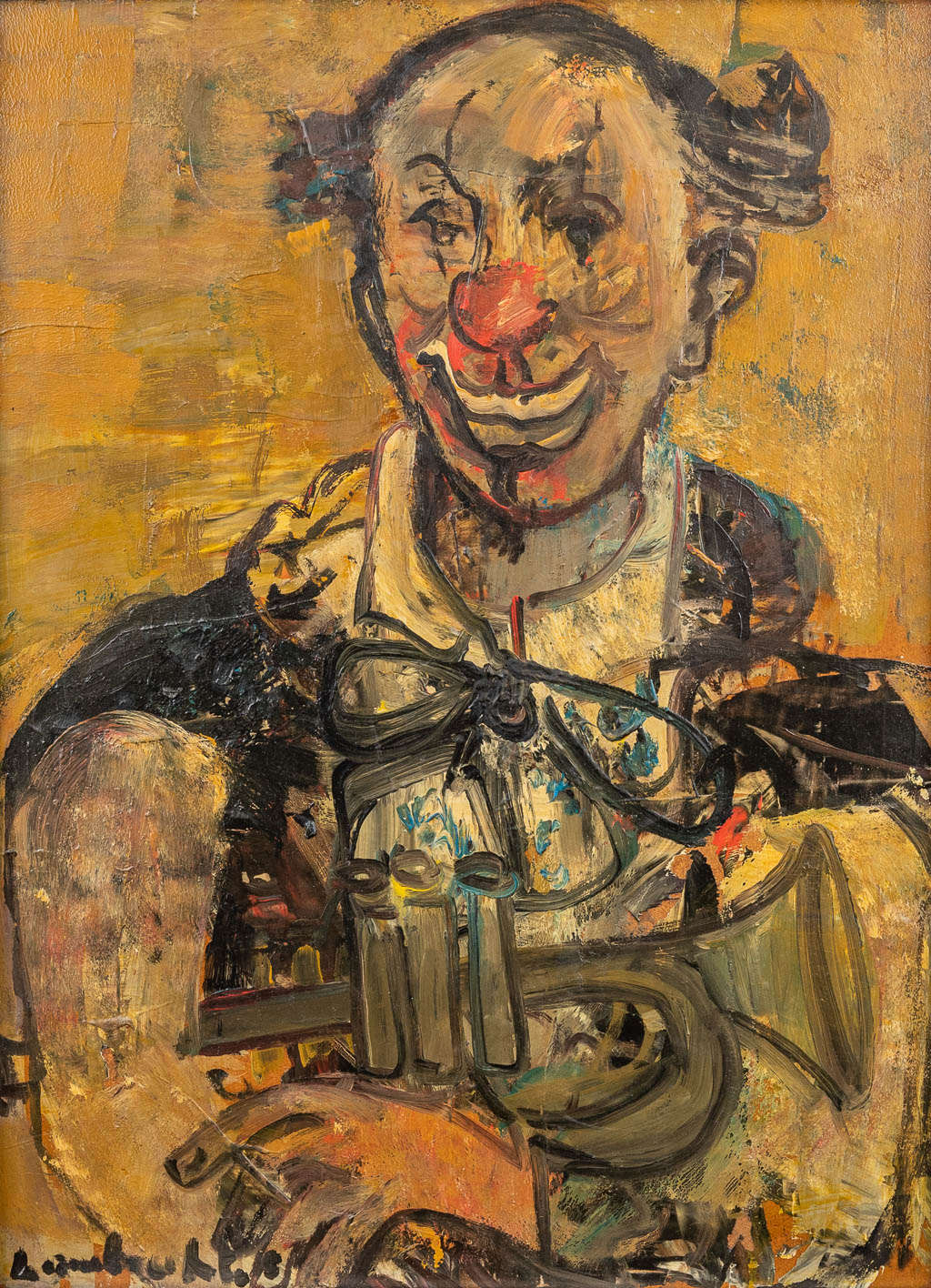 Constant LAMBRECHT (1915-1993) 'Clown met trompet' een portret, olie op paneel. (54 x 73 cm)