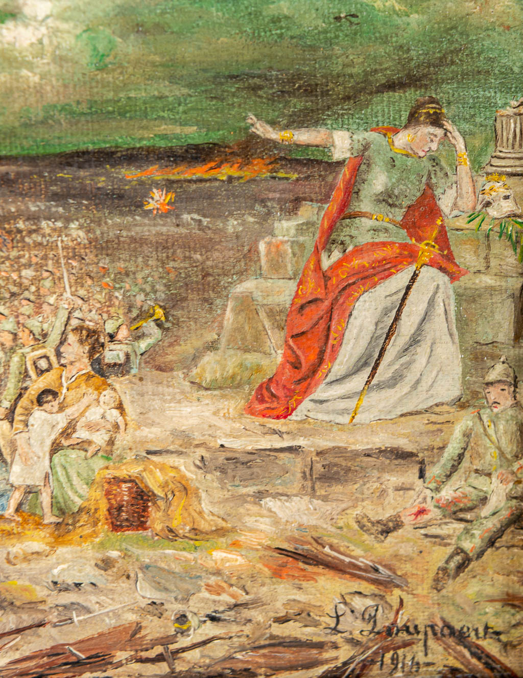 Lionel POUPAERT (1900-1989) 'Slag om de Dardanellen, 1914'. Een schilderij, olie op doek. (19 x 12 cm)