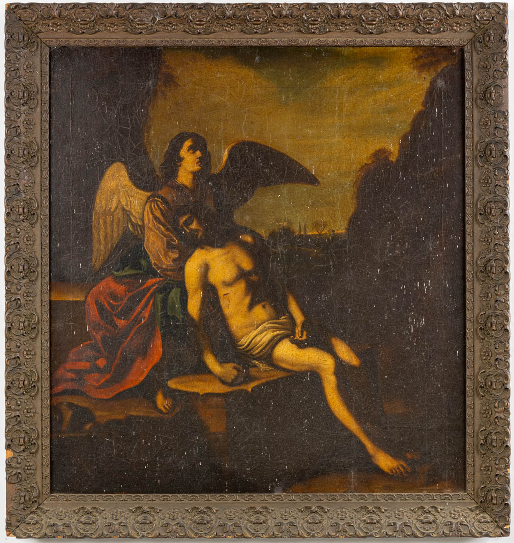 Gestorven Christus met een aartsengel, olie op paneel. 18de/19de eeuw. (W:75,5 x H:80,5 cm)