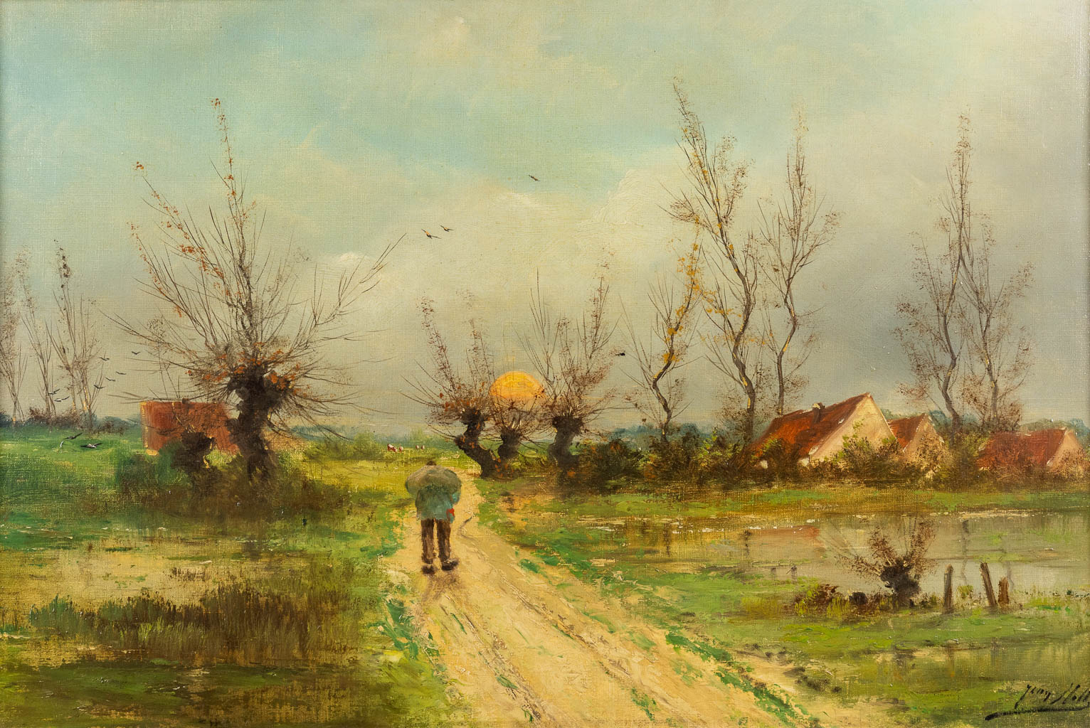 Jean HILL (XIX-XX) 'De Terugkeer naar huis' olie op doek. (W:74 x H:50 cm)