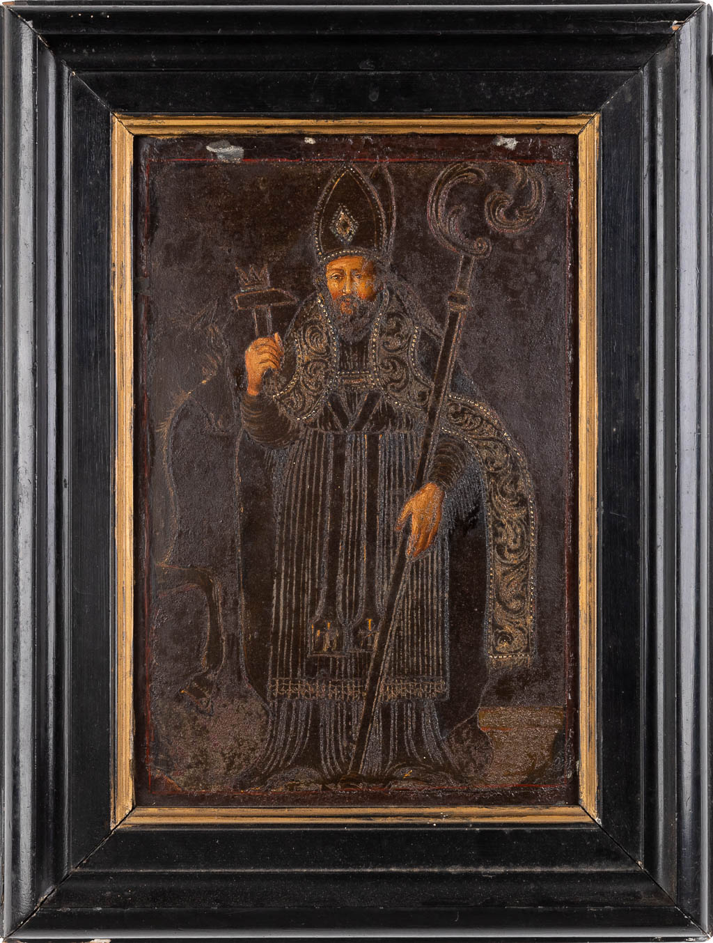 Heilige Eligius of Elooi, geschilderd op zink. Waarschijnlijk 18de eeuw. (W:24 x H:35 cm)