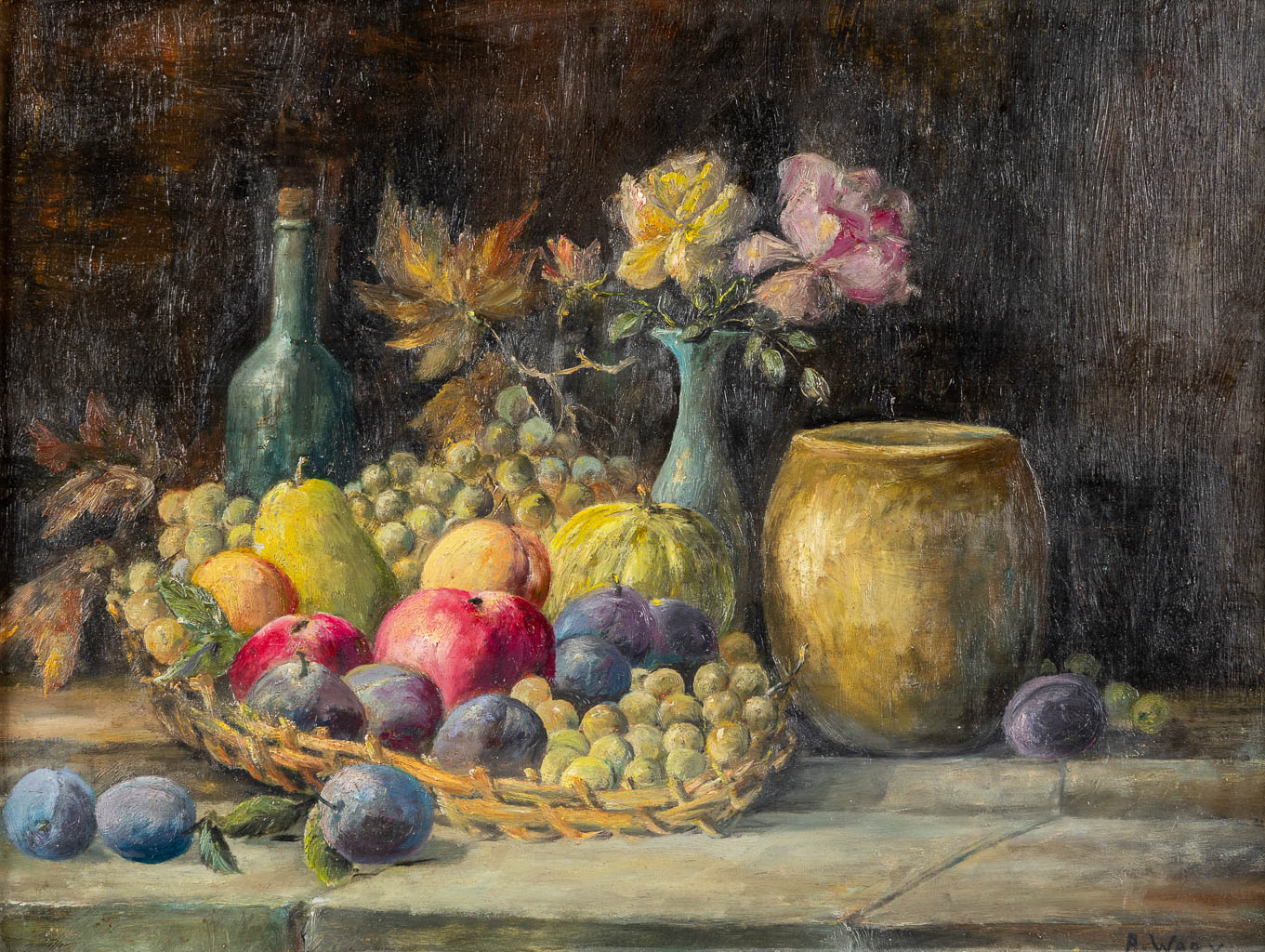 A stilllife with fruits, oil on panel. Signed A. Wery. (W:33,5 x H:26 cm)
