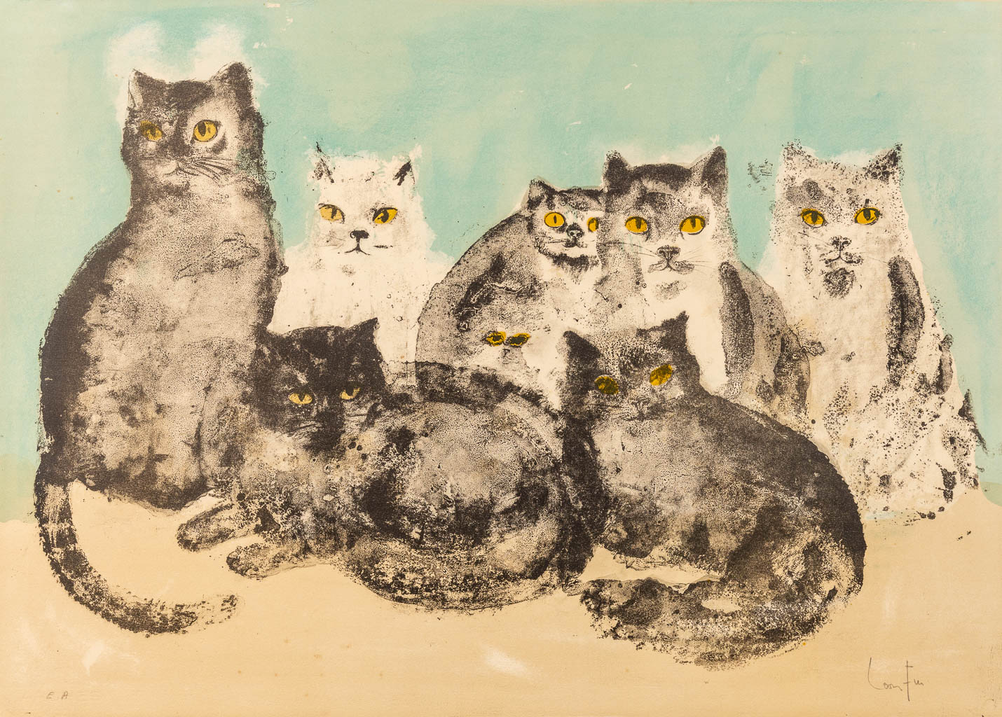 Leonor FINI (1907-1996) Een gekleurde litho van 7 katten, gemerkt Epreuve D'artiste. (76 x 54 cm)