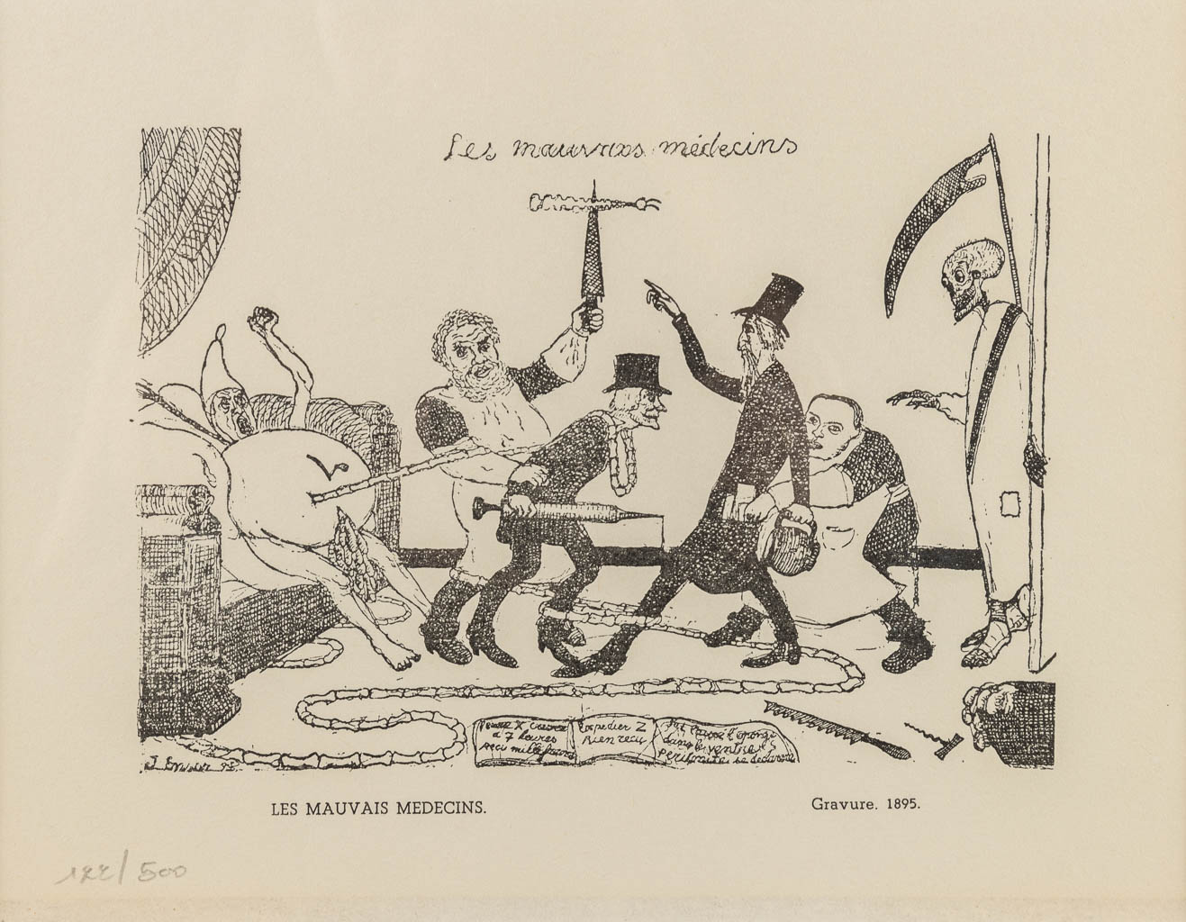 Naar James ENSOR (1860-1949) 'Les Mauvais Medicins' een lithografie, 122/500. (23 x 18 cm)