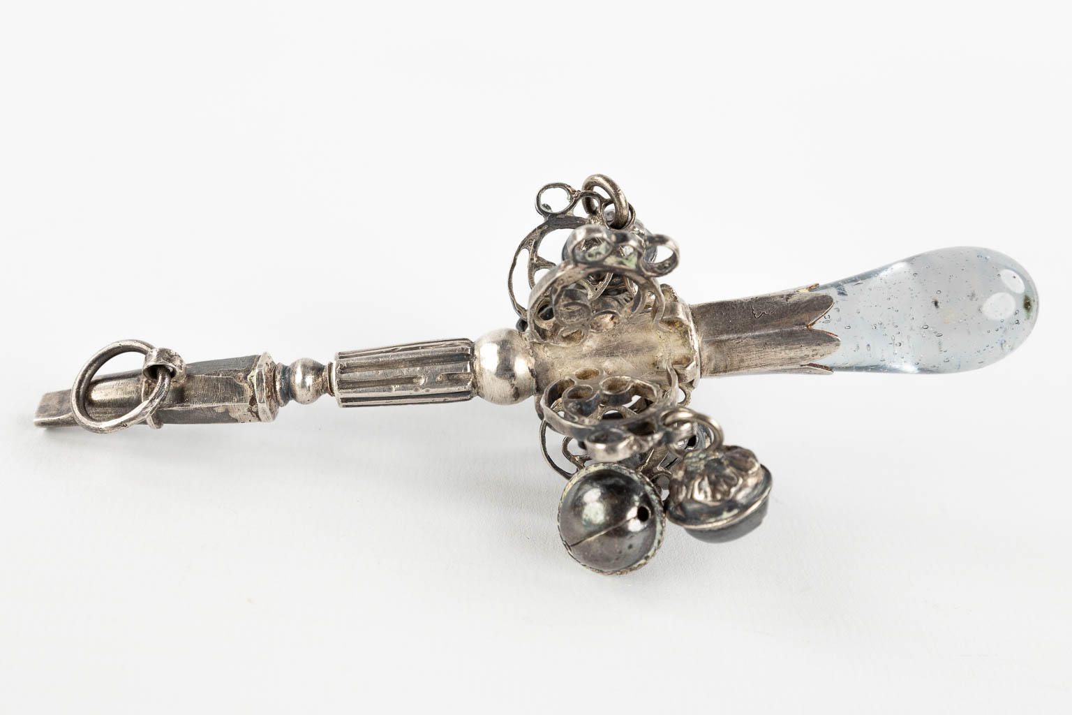 An antique Rattle and Whistle, silver, Lille, France. Circa 1760-1780. (W:13 cm)