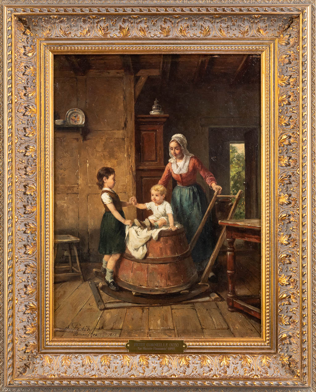 Corneille PETIT (XIX) 'La Baratte Flamande' olie op paneel. 1891