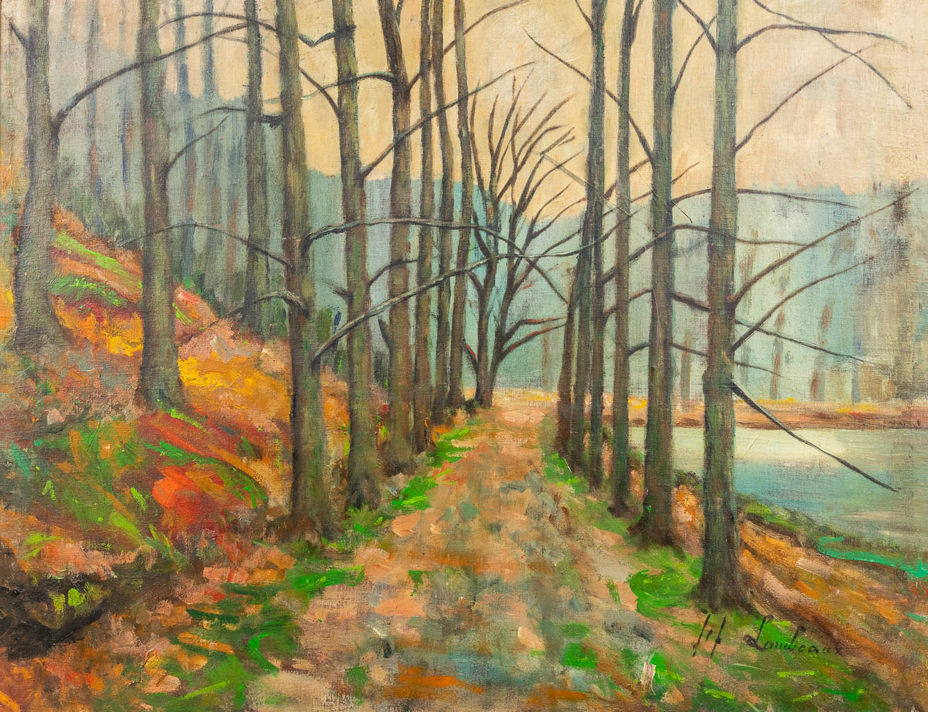  Jef LAMBEAUX (1852-1908) 'Het bos' een schilderij, olie op doek. 