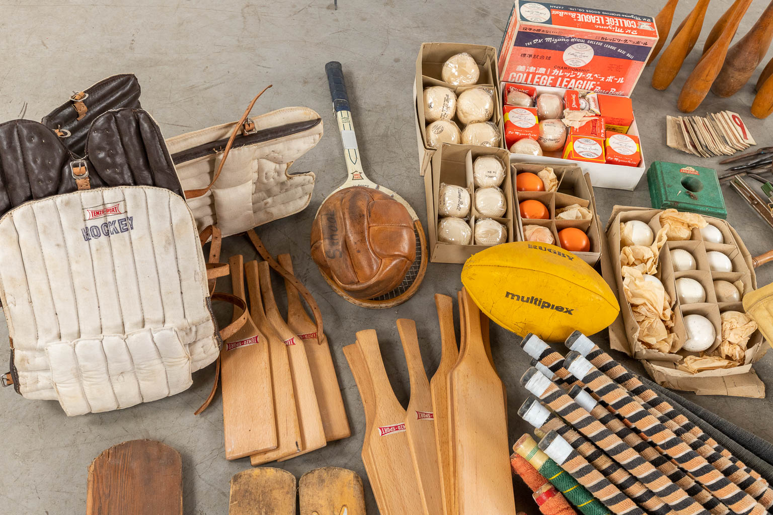 A large collection of vintage Sports accessories.