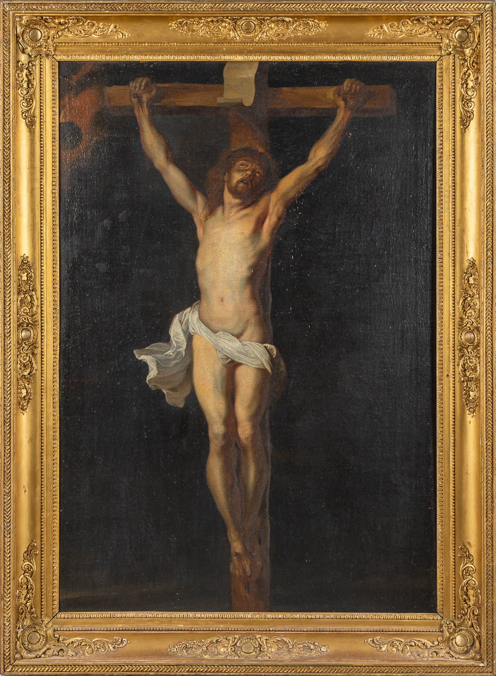 Jesus hanging from the cross, a painting, oil on canvas. 19th C. (W:70 x H:100 cm)