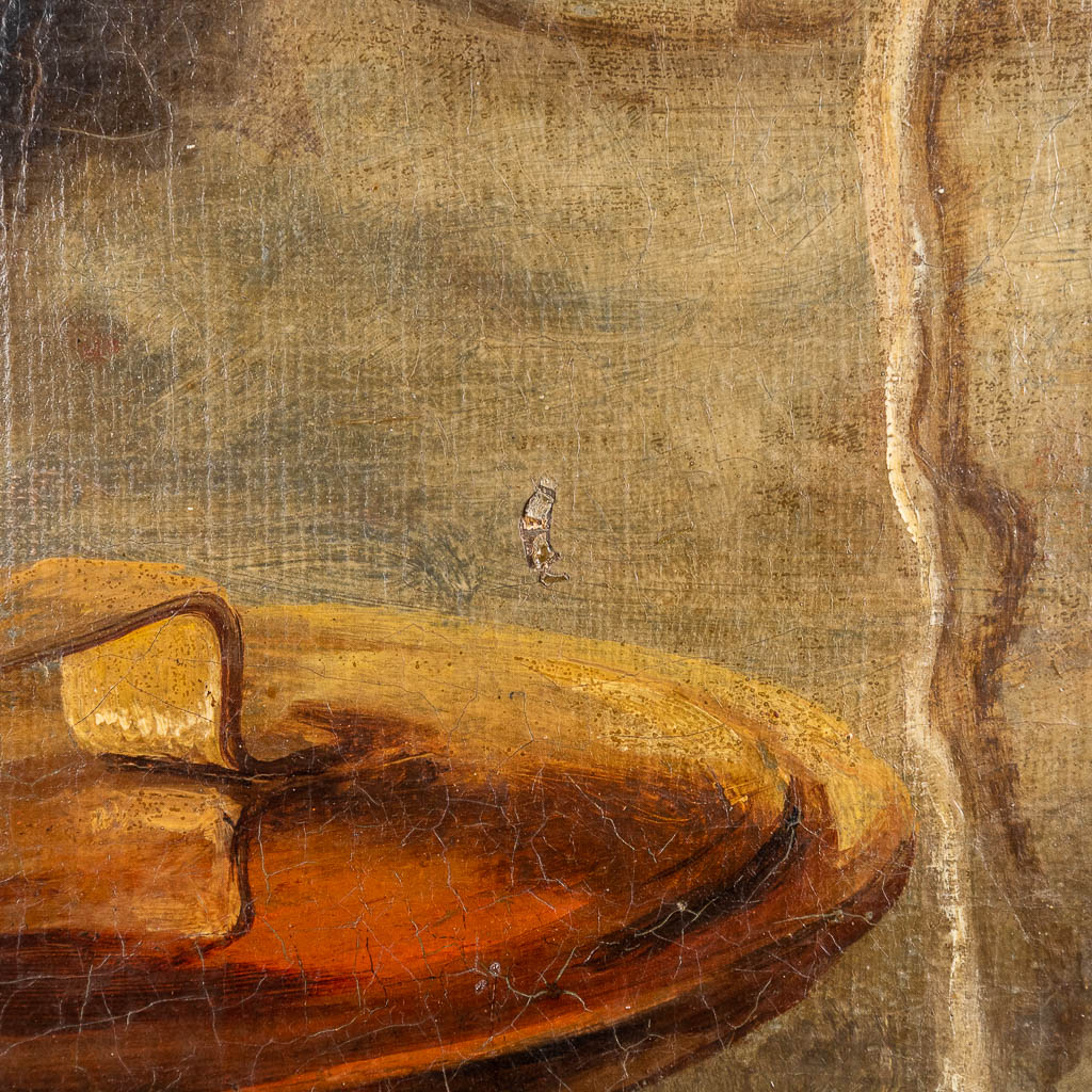 Boer met een kat, een schilderij, olie op doek. Geen handtekening gevonden. 19de eeuw. (W: 81 x H: 65 cm)