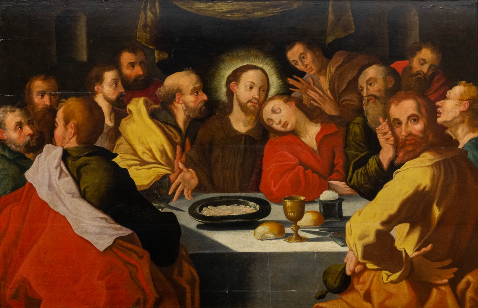 An exceptional painting of the Antwerp school, The last supper, oil on panel. After Pieter De Witte. 