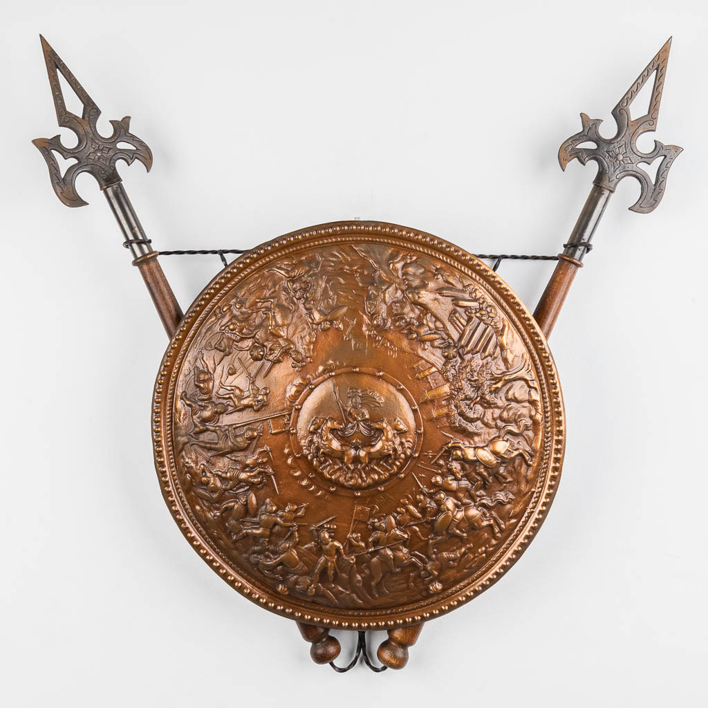 A decorative shield with spears, 20th C. (D:85 x D:49 cm)