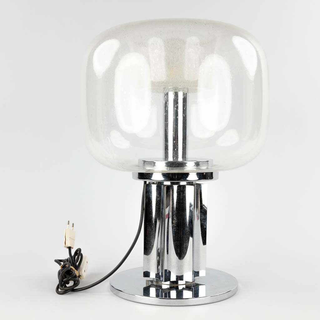 A table lamp with a large glass lampshade. Marked Alam Bolognia. (H:50 x D:36 cm)