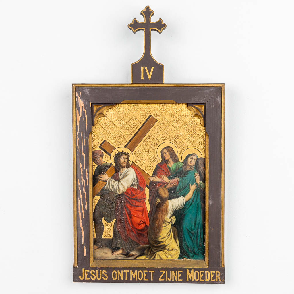 Een grote 14-delige kruisweg handgeschilderd op koper en gemonteerd in neogotische kaders. (H:49cm)