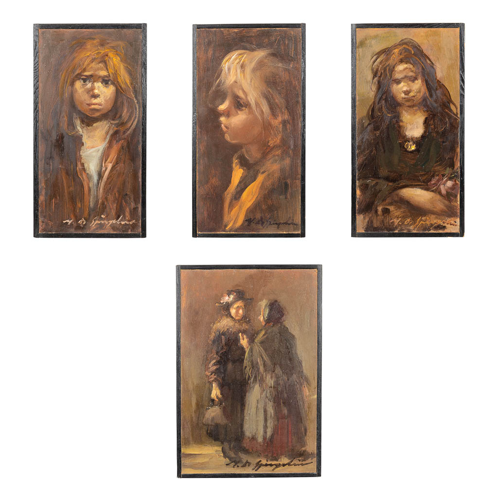 Marthe DE SPIEGELEIR (1897-1991) Een collectie van 4 schilderijen, portretten en een koppel. Olie op paneel. (20 x 30 cm)