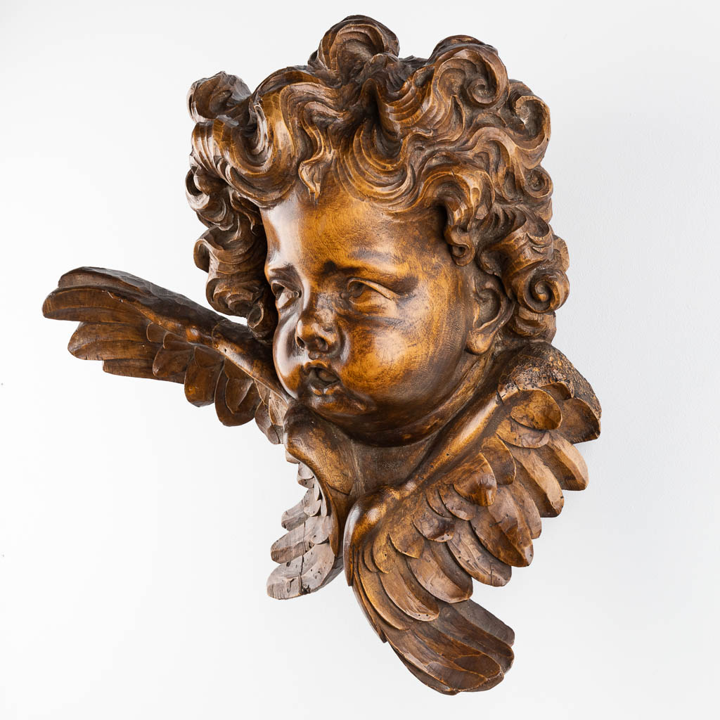 Een grote houtgesculpteerd hoofd van een engel, Barok stijl, 19de eeuw (D:27 x W:42 x H:48 cm)