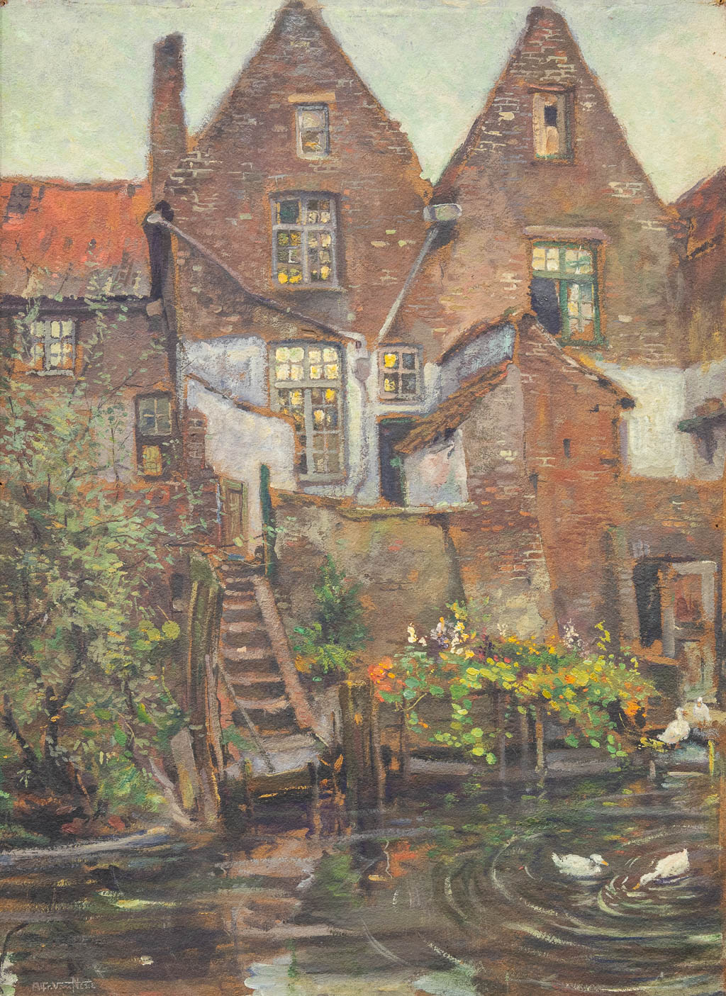 Alfred VAN NESTE (1874-1969) 'Een zicht van Brugge' een schilderij, olie op paneel. (50 x 70 cm)