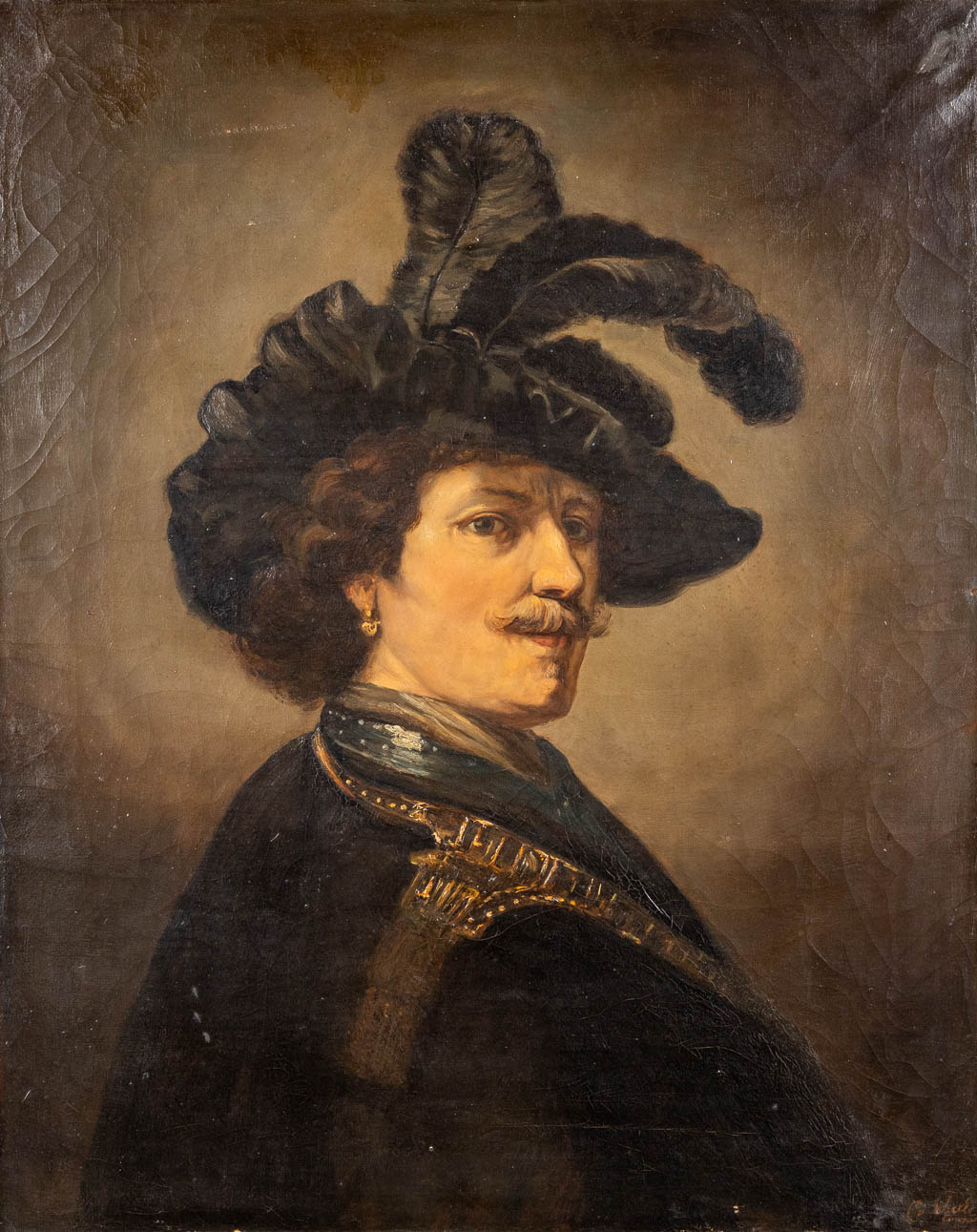 Man met gevederde Baret', naar Rembrandt Van Rijn. Olie op doek. (W:60 x H:75 cm)