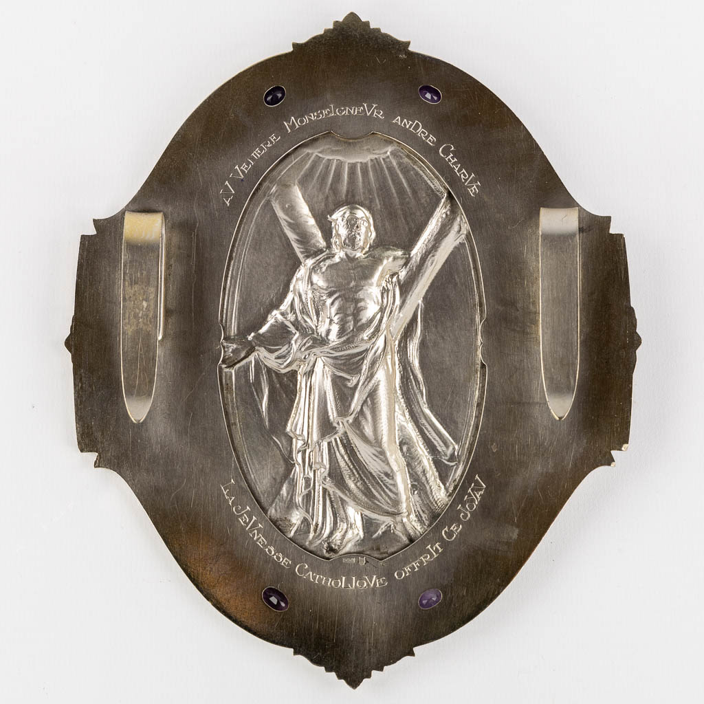 A plaque with an image of Saint Andrew, silver. 900/1000. (W:16 x H:19 cm)