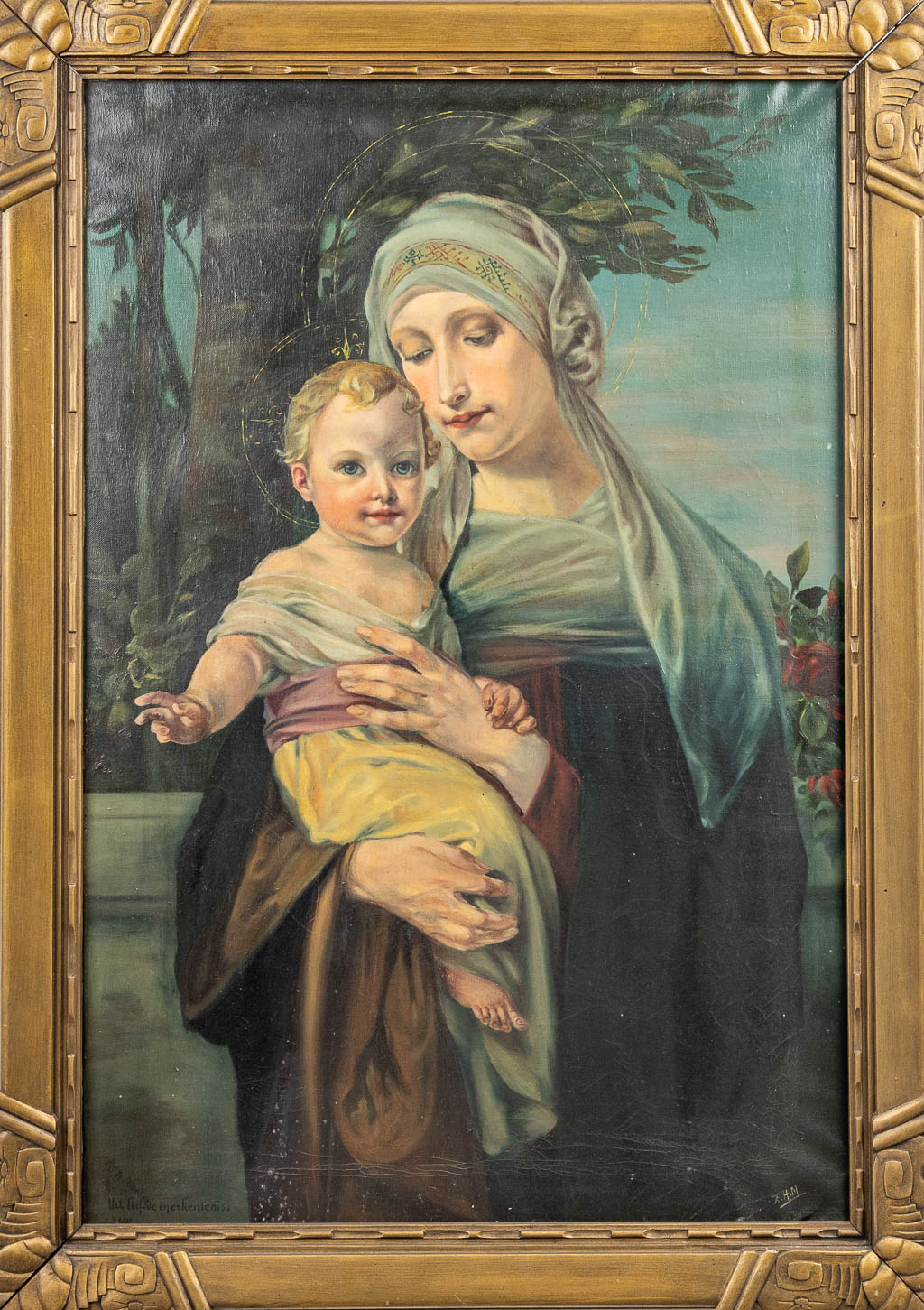 Herman Maris (XX) 'Jozef met Chrisus' 'Maria met Christus', een pendant schilderij olie op doek, 1927. (61 