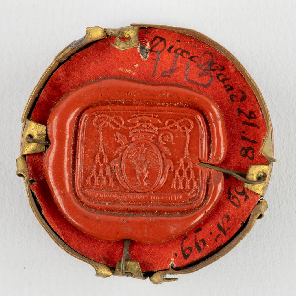 A sealed theca with a relic: Ex Ossibus Sancti Gaudiosi Martyris