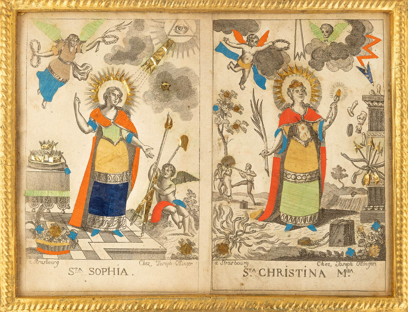 Een collectie van 3 religieuze kaders, waarvan 1 met een Angus Dei wassenzegel. (W: 45 x H: 38 cm)