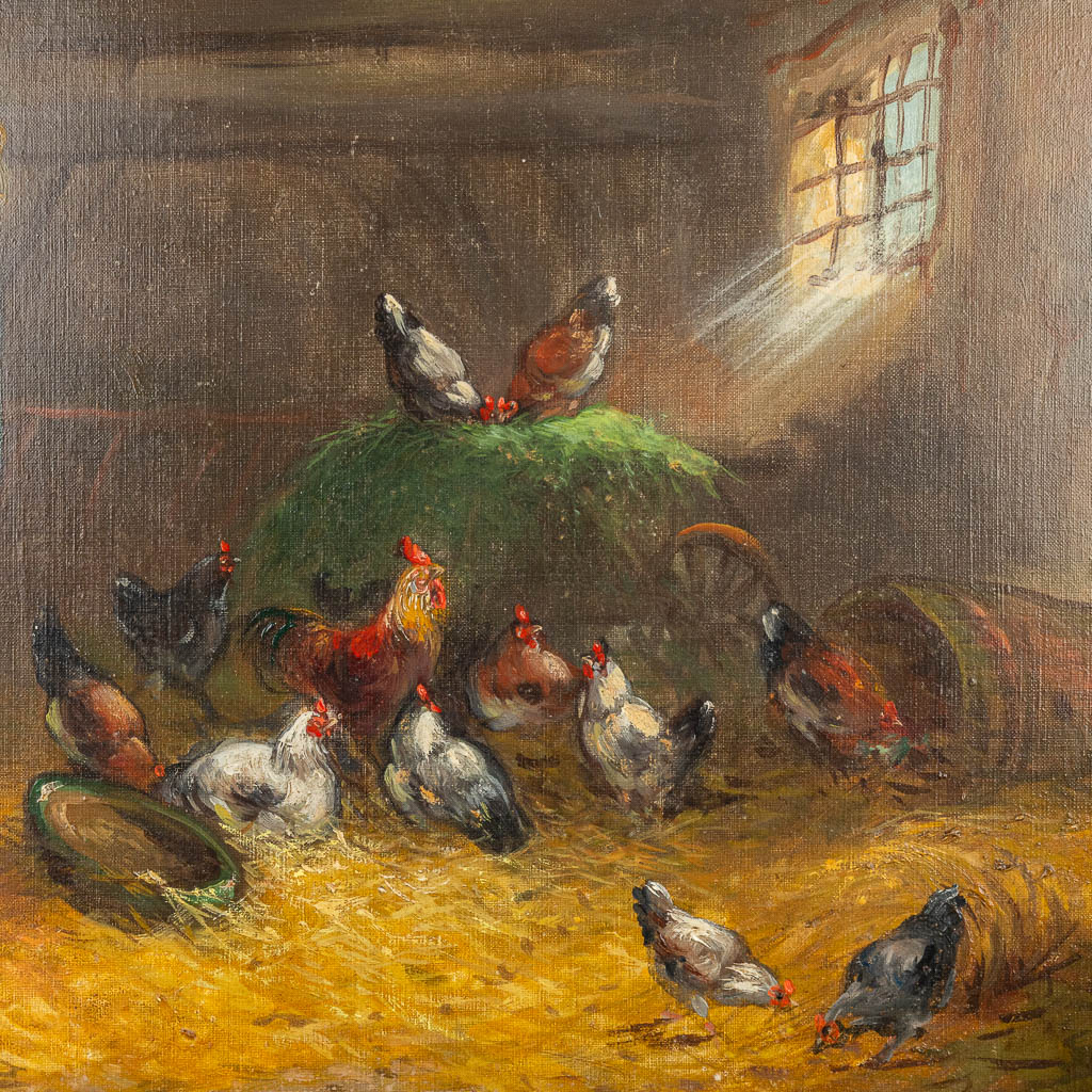 Claude GUILLEMINET (1821-c.1866) 'A flock of chicken in the barn' a painting, oil on canvas. (46 x 55 cm)