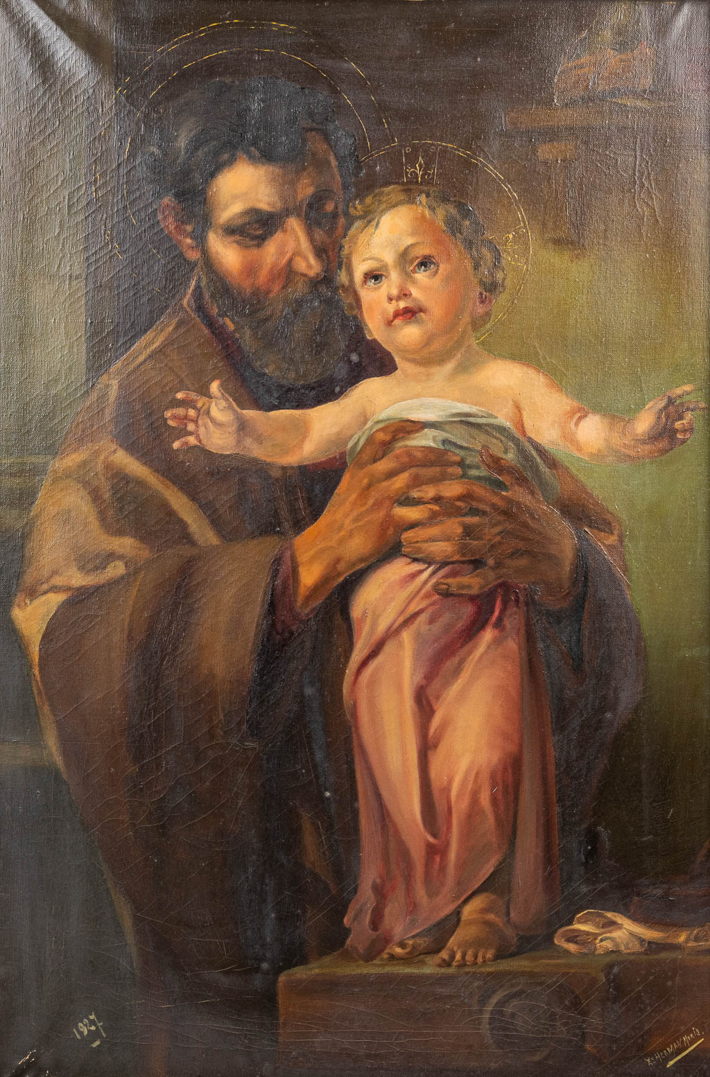 Herman Maris (XX) 'Joseph with Christ' 'Mary with Christ' a Pendant painting, oil on canvas. 1927. (61 x 90 