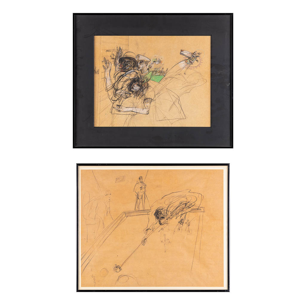 Koen SCHERPEREEL (1961-1997) 'Twee Tekeningen', potlood op bruin papier. (W:56 x H:46 cm)