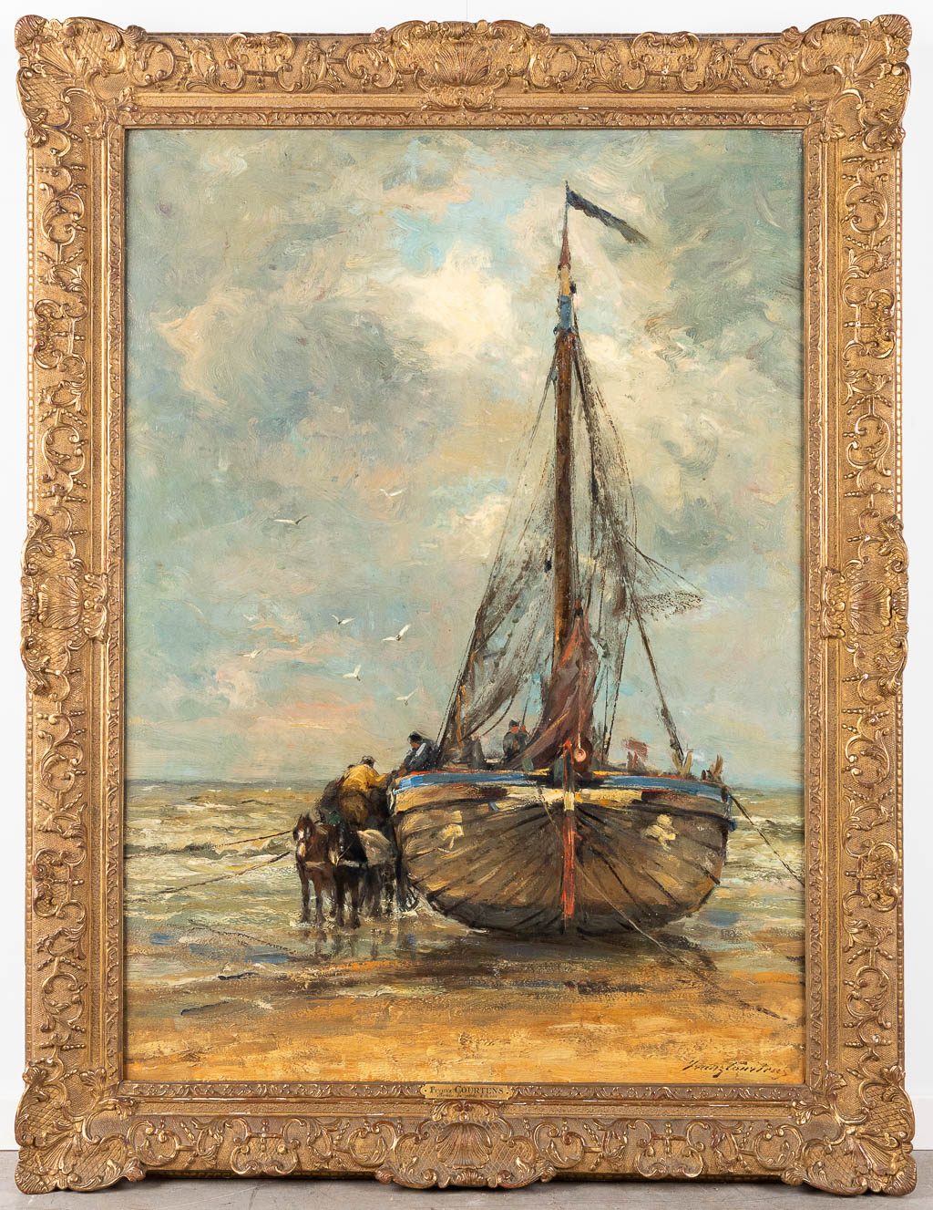 Franz COURTENS (1854-1943) 'Bateau de pëche à la côte' olie op doek. 