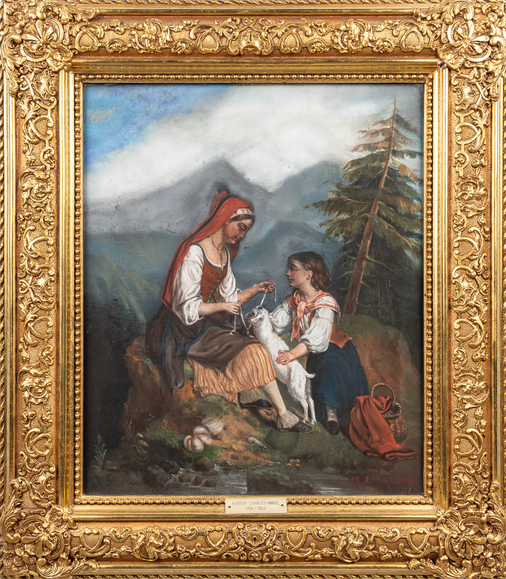Naar Charles Marie BOUTON (1781-1853) Dame met de geit, mixed media op doek. (46,5 x 56 cm)
