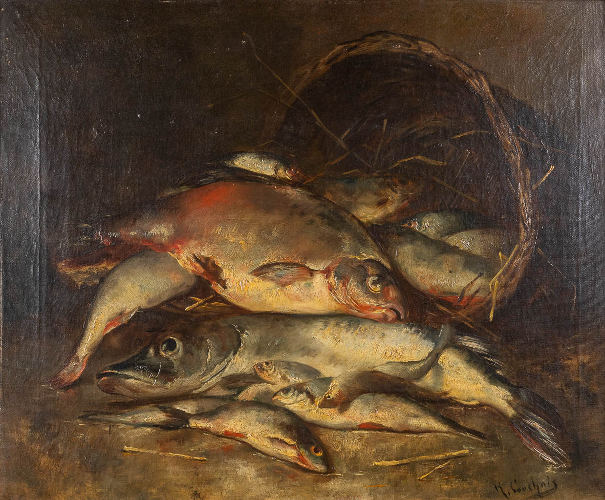 Henri CANCHOIS (XX) 'Stilleven met vissen' olie op doek. (W:65 x H:55 cm)