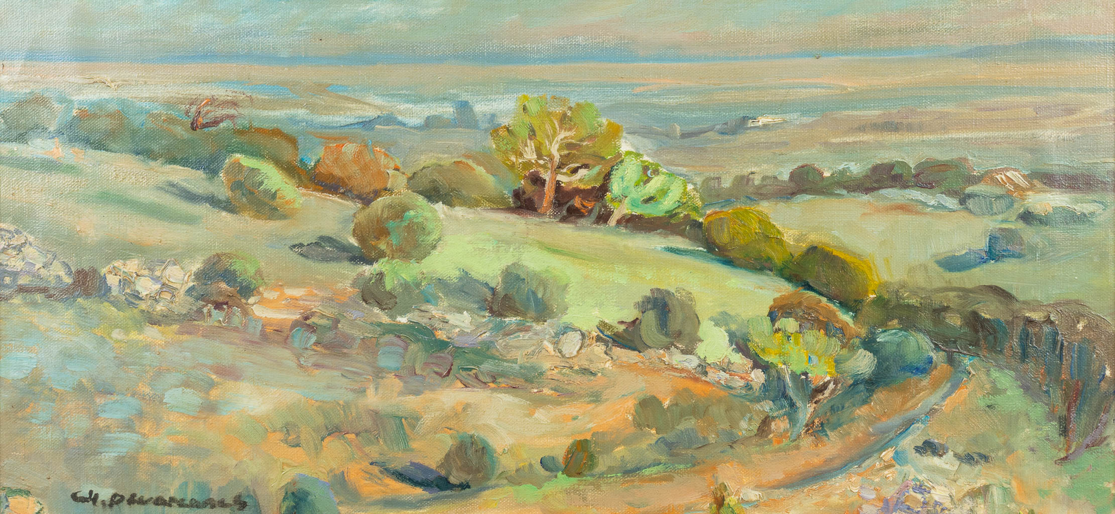 Charly DEVARENNES (1928-2010) 'Landschap' een schilderij, olie op doek. (52 x 25 cm)