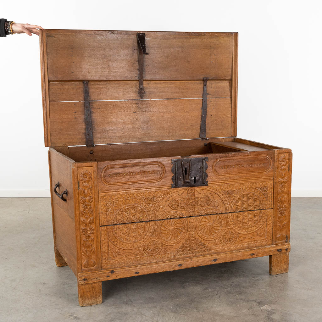 Een antieke koffer met houtsijnwerken. 19de eeuw. (D:66 x W:120 x H:73 cm)