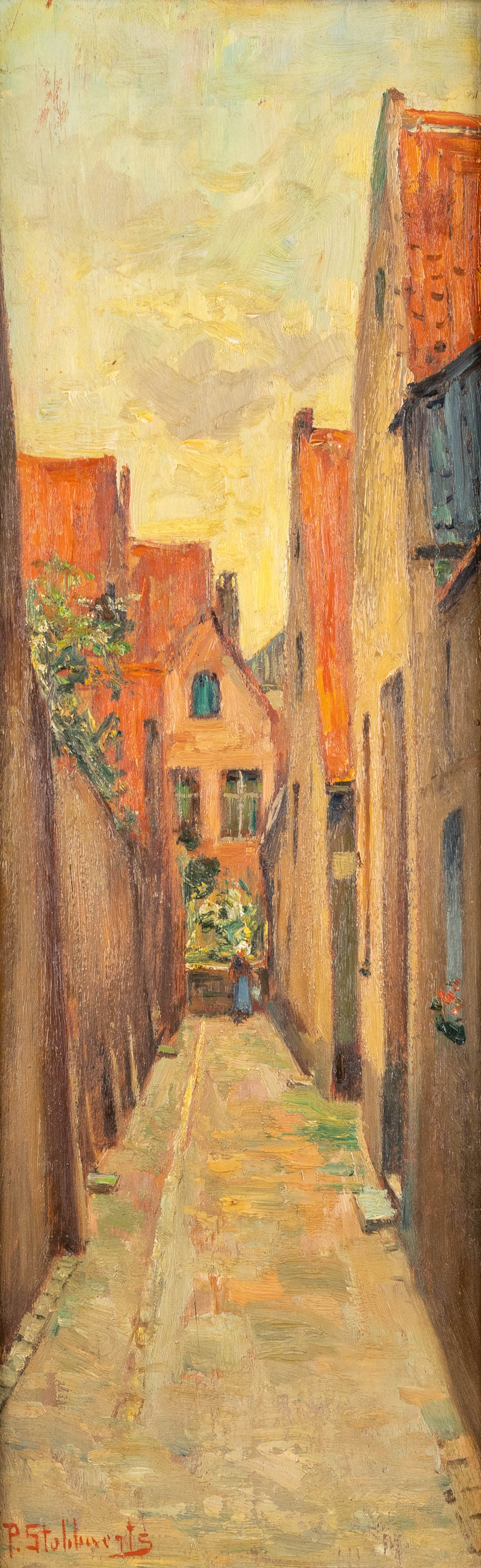 Pieter STOBBAERTS (1865-1948) 'Vette Vispoort, Brugge' olie op paneel. (W:18 x H:56 cm)