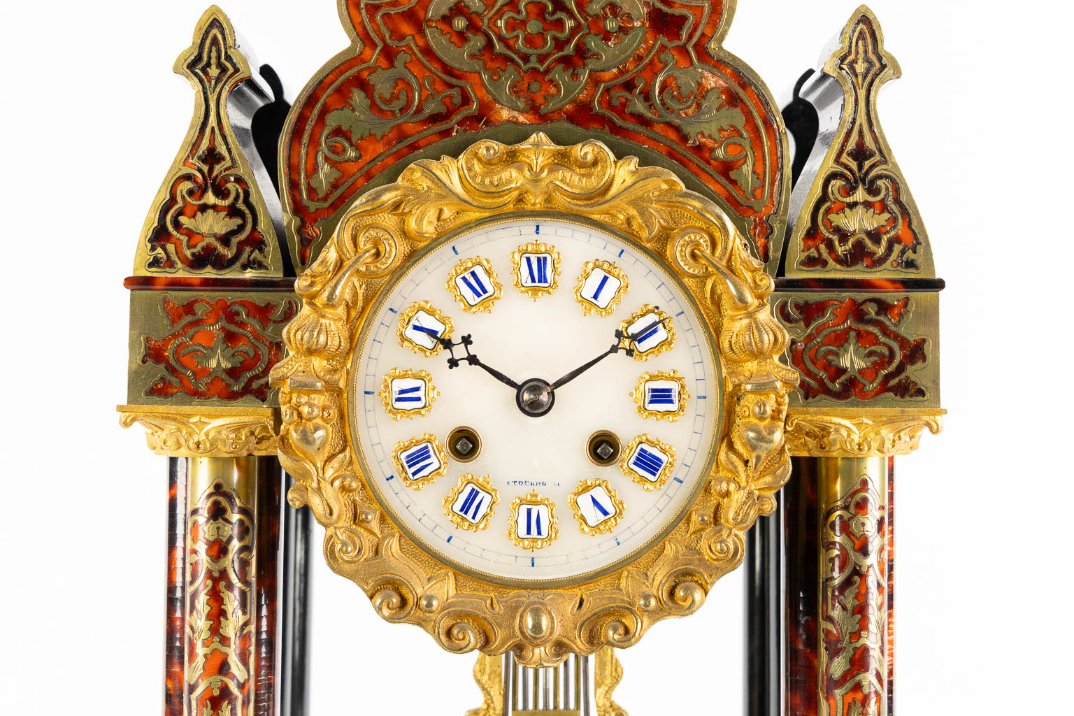 A mantle clock, Boulle marquetry inlay for the Swedish Market, Napoleon 3, 19th C. (L:14 x W:25 x H:51 cm)