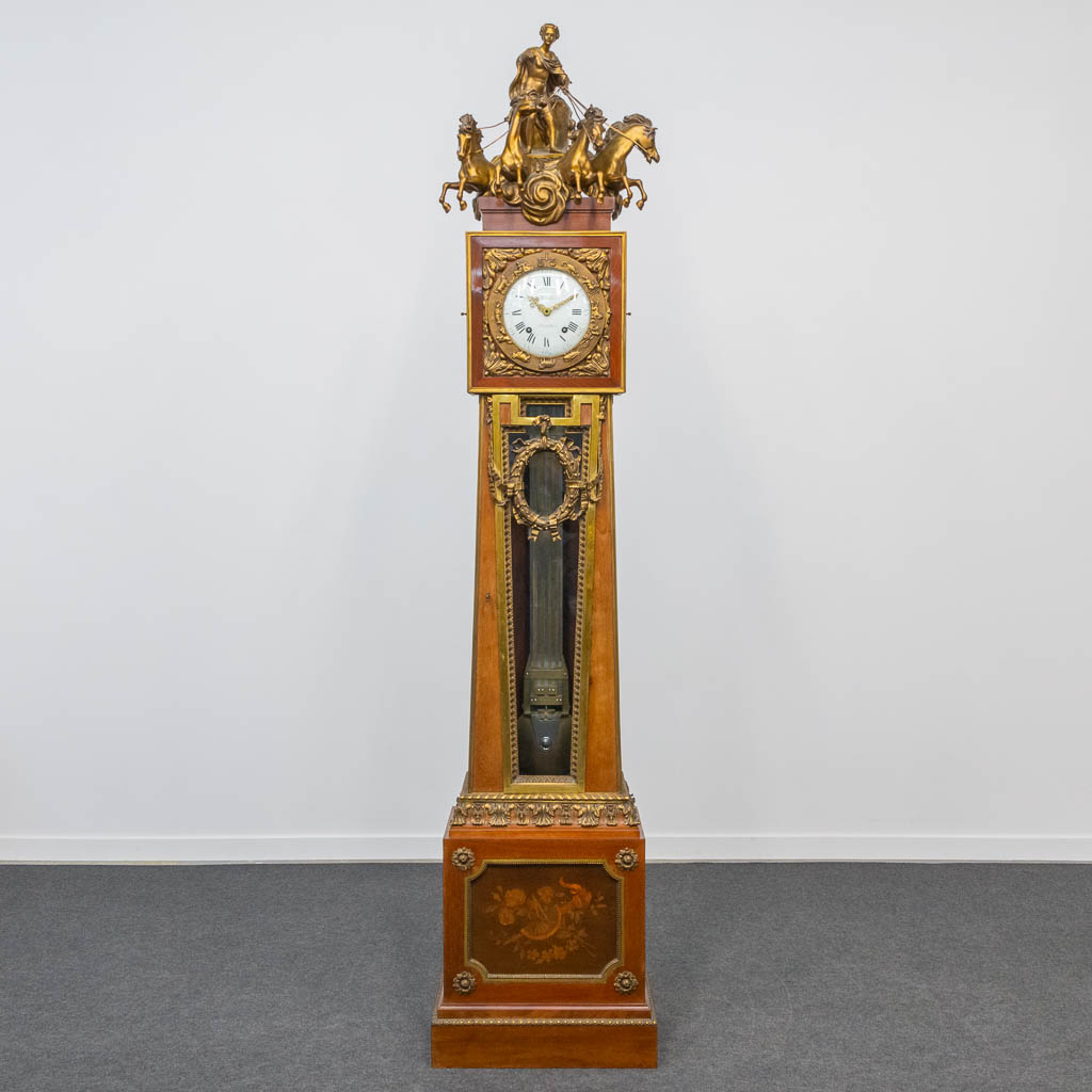  An impressive and important standing clock in Louis XVI style, with a bronze battle cart, zodiac display and large compensation 