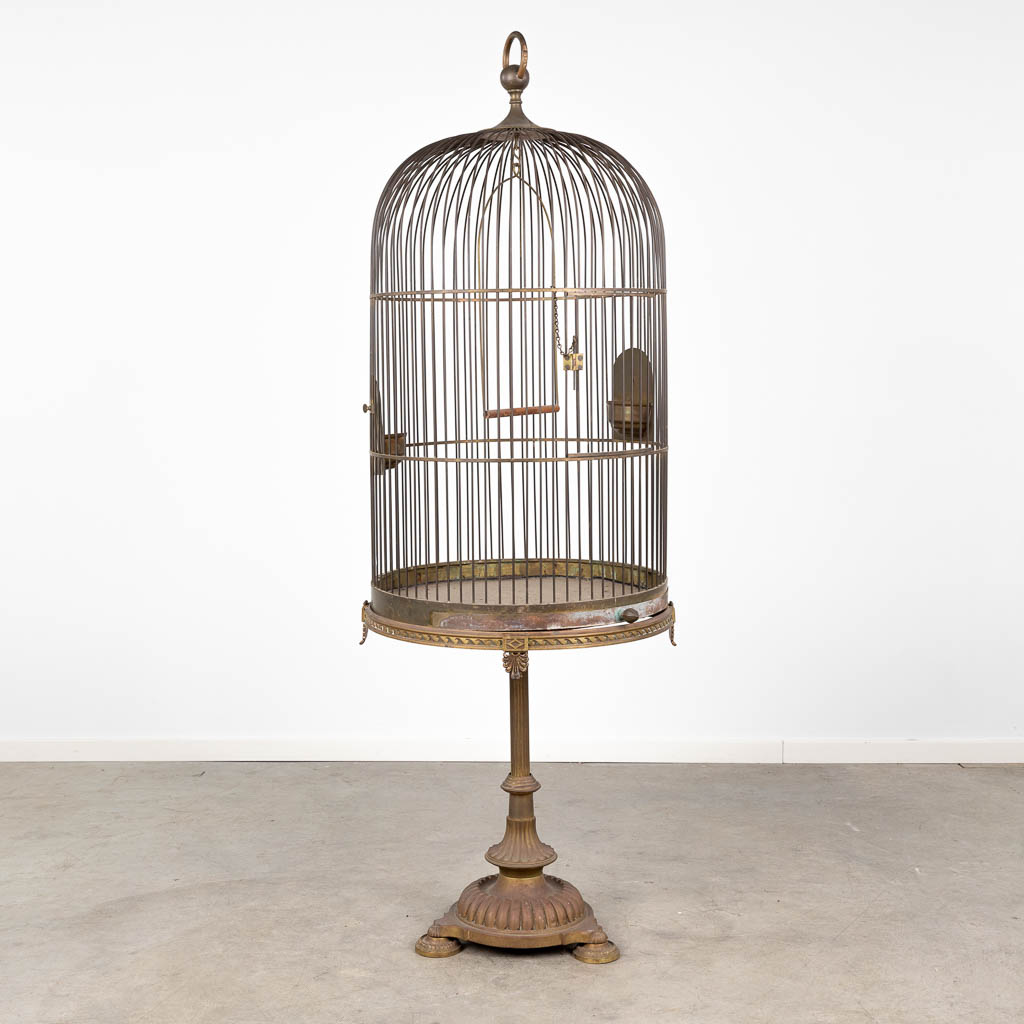 Milieuvriendelijk bijwoord Nominaal Een antieke vogelkooi op een staander afgewerkt met koper. Circa 1920.  (H:180 x D:58 cm) | Flanders Auctions