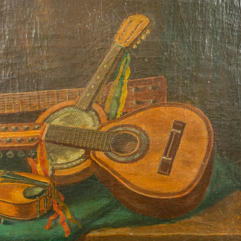 Geen handtekening gevonden, een schilderij van muziekinstrumenten, olie op doek. (49 x 39 cm)