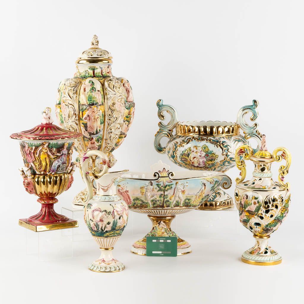 Six large bowls and vases, glazed faience, Capodimonte, Italy. (H:52 x D:23 cm)