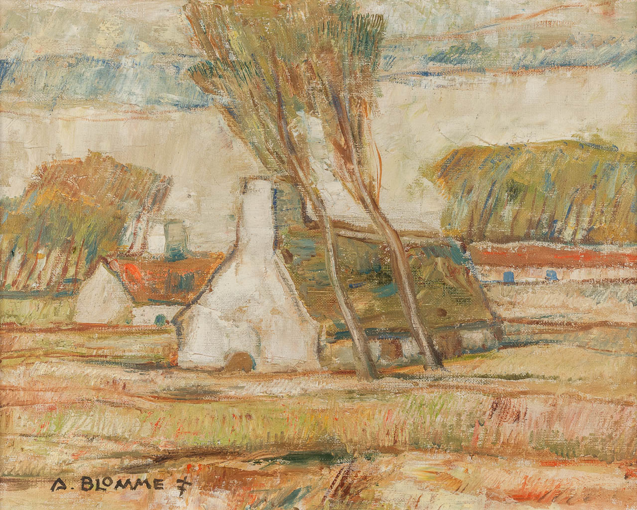 Alfons BLOMME (1889-1979) 'Boerderij in de polder' olie op doek. (W:50 x H:40 cm)