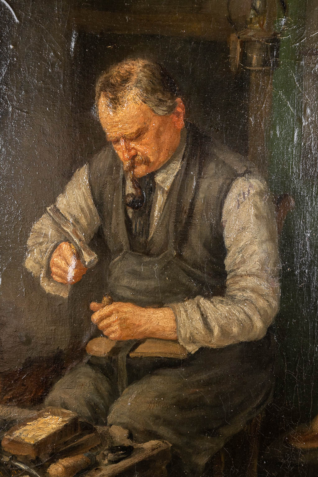 The Shoemaker, a painting, oil on canvas, maroufled on a panel. 19th C. (W:36 x H:44 cm)