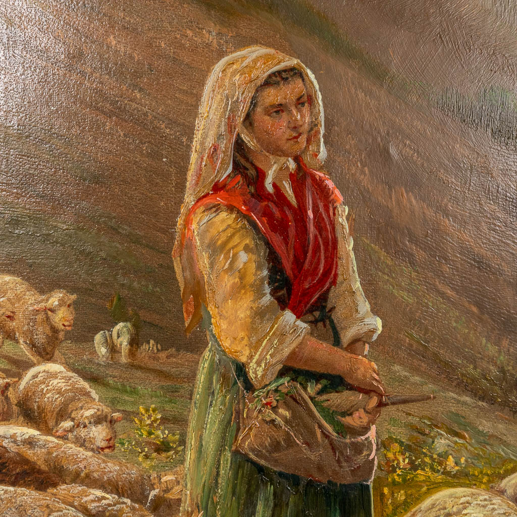 Lady with sheep, a painting, oil on canvas. Signed G. Marchal. (W:91 x H:65 cm)