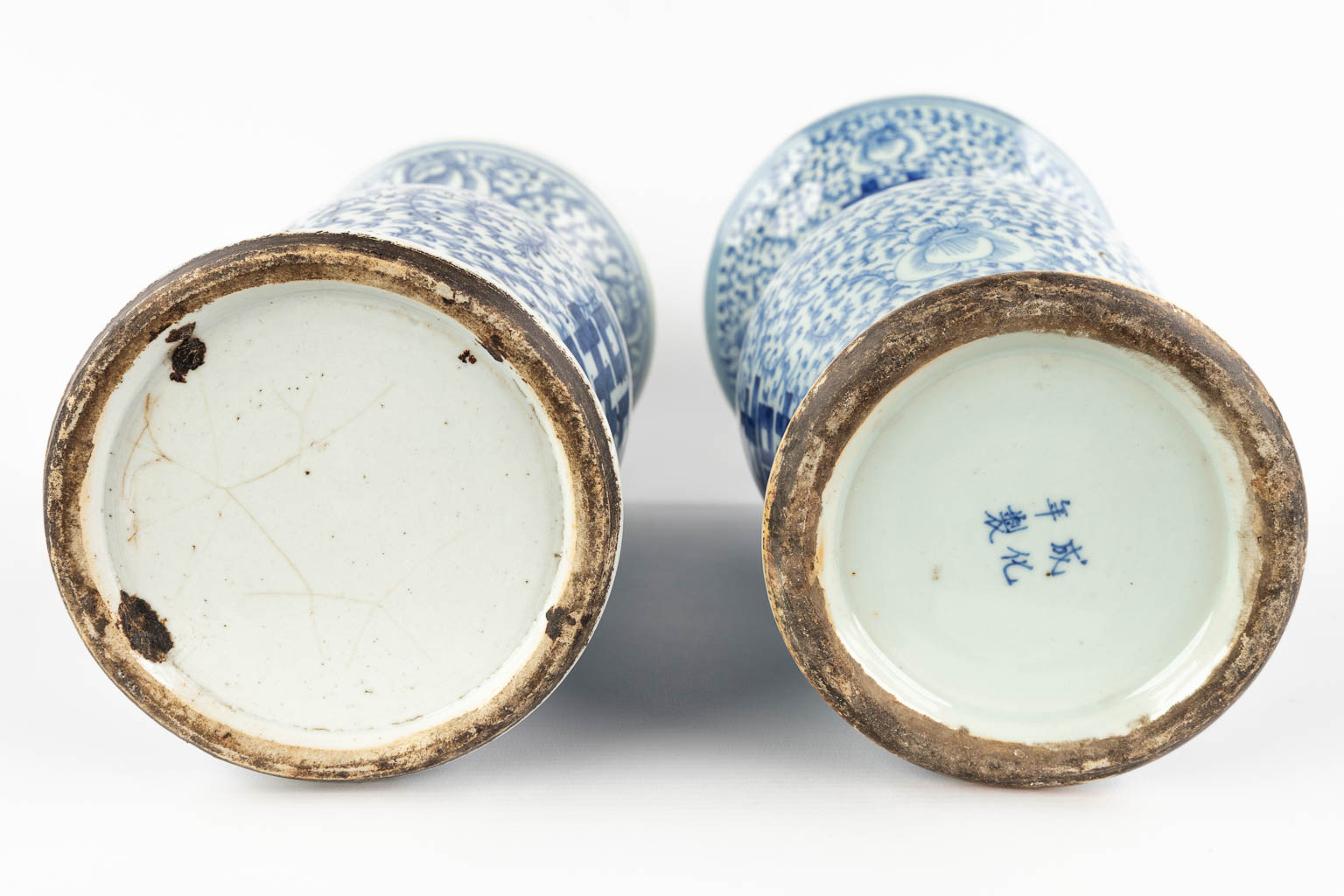 Three Chinese vases with a blue-white decor and Celadon. 19th/20th C. (H:43 x D:19 cm)
