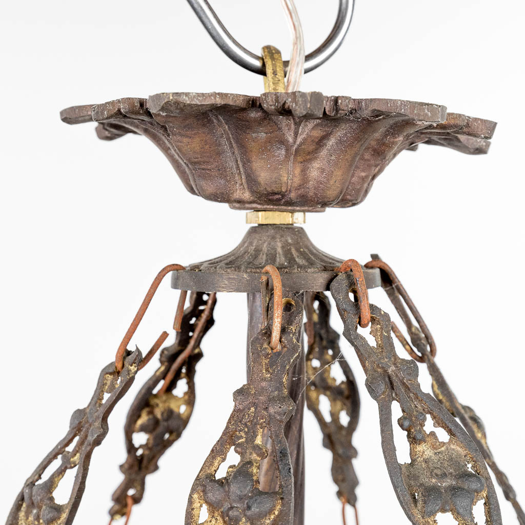 A decorative chandelier decorated with coloured glass and made in Italy. (H:65cm)