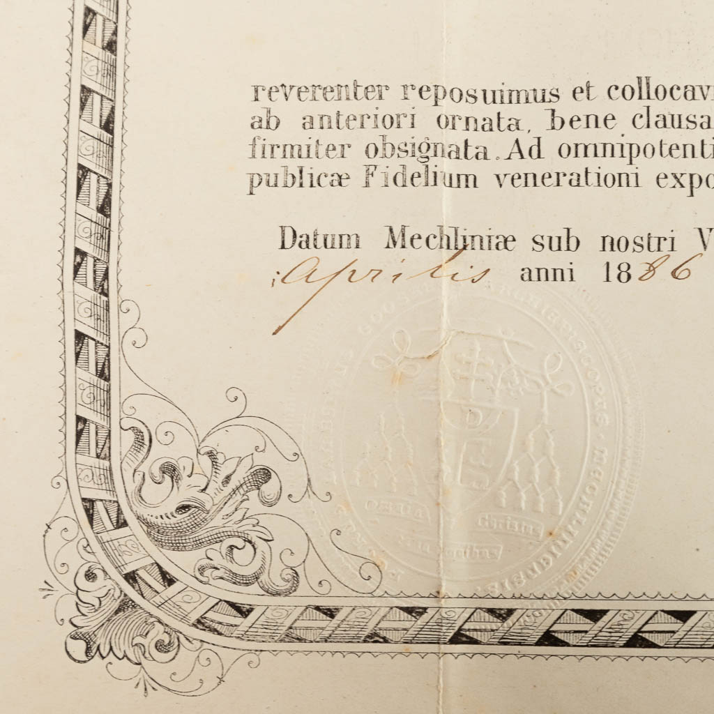 A sealed theca with a relic: Ex Ossibus Sancti Columbani abbatis