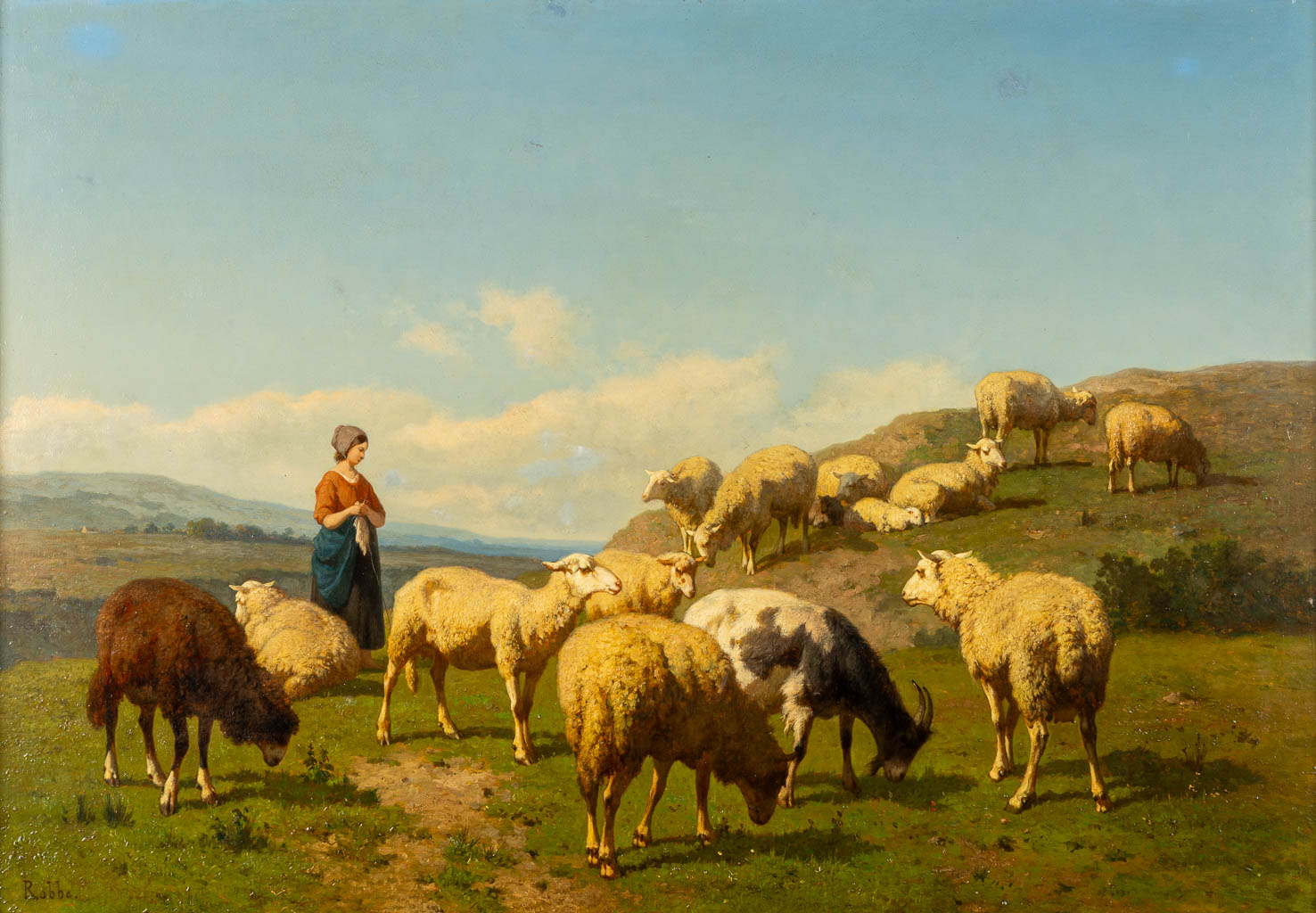 Louis ROBBE (1806-1887) 'Herderin met haar kudde' olie op paneel. (W:87 x H:63 cm)