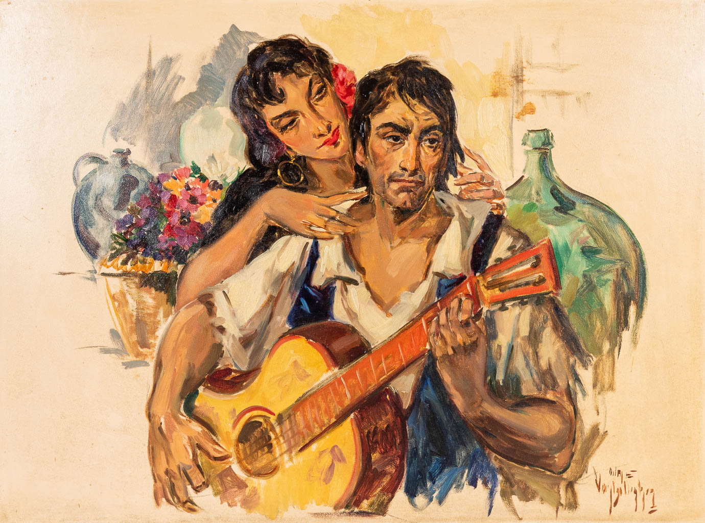 Aimé VAN BELLEGHEM (1922-1996) 'Guitar Player' oil on panel. (W:120 x H: 88 cm)
