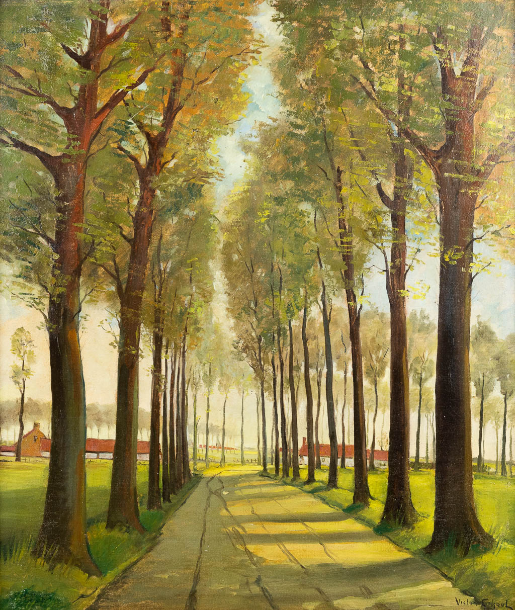 Victor GILSOUL (1867-1939) 'Dreef met bomen' olie op doek. (W:60 x H:70 cm)