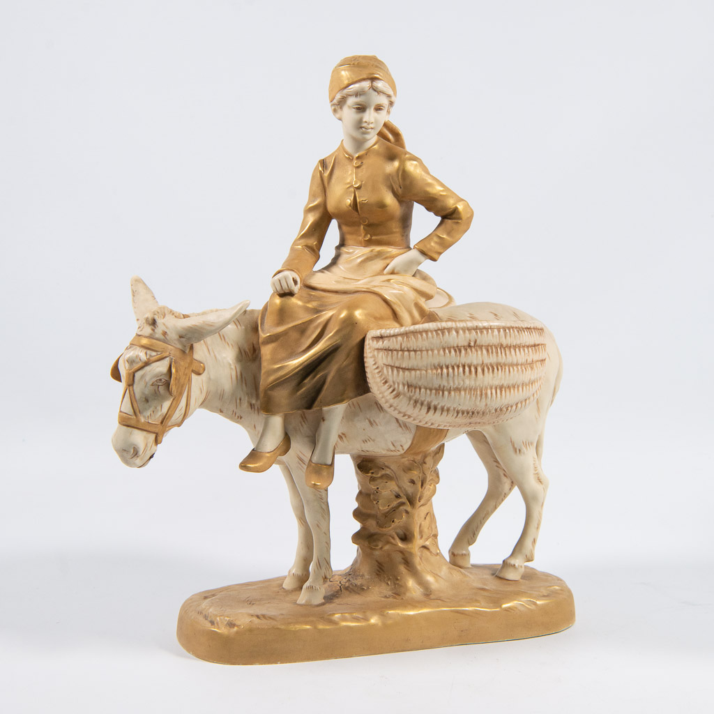  Royal Dux Porcelain Statue, Woman with Donkey